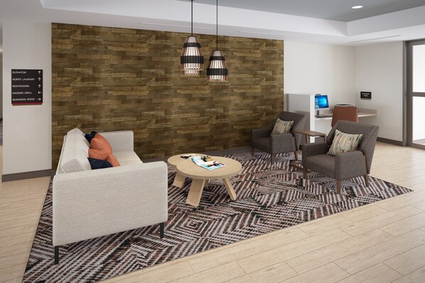 Un vestíbulo moderno con una pared de acento de madera, una recepción y un área de estar con alfombra estampada.