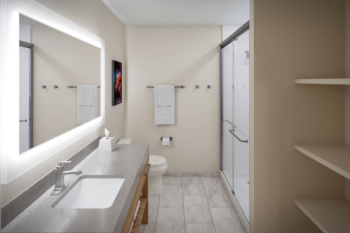 1 bedroom, desk, laptop workspace, iron/ironing board