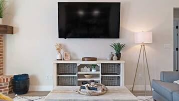 TV, lareira, videogames, livros