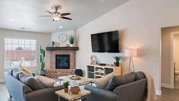 TV, fireplace, video games, books