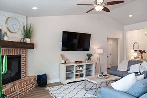 TV, fireplace, video games, books