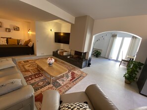 TV, fireplace, ping pong, books