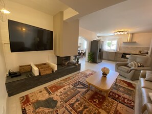 TV, fireplace, ping pong, books