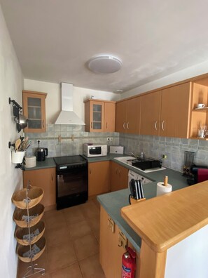 A compact kitchen with wooden cabinets, a microwave, a stove, and a sink.