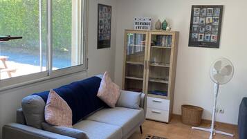 TV connectée, cheminée, lecteur de DVD, baby-foot