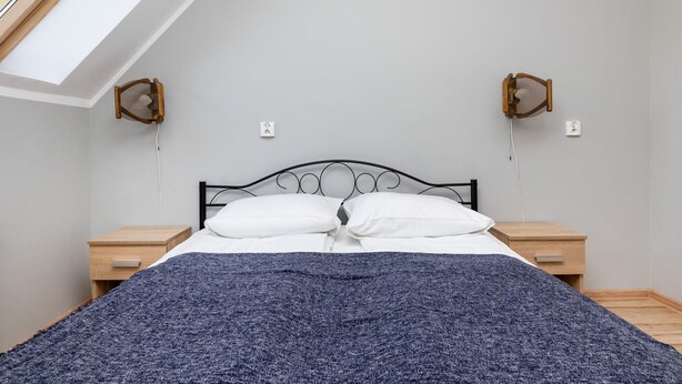 A bedroom with a bed, two bedside tables, a wooden nightstand, a sloped ceiling with a skylight, and two wall-mounted light fixtures. - Forest Apartment with Balcony | 2.5 km from the beach (Wrzosowo)