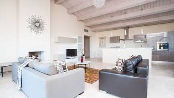 Una televisión, una chimenea, un reproductor de DVD