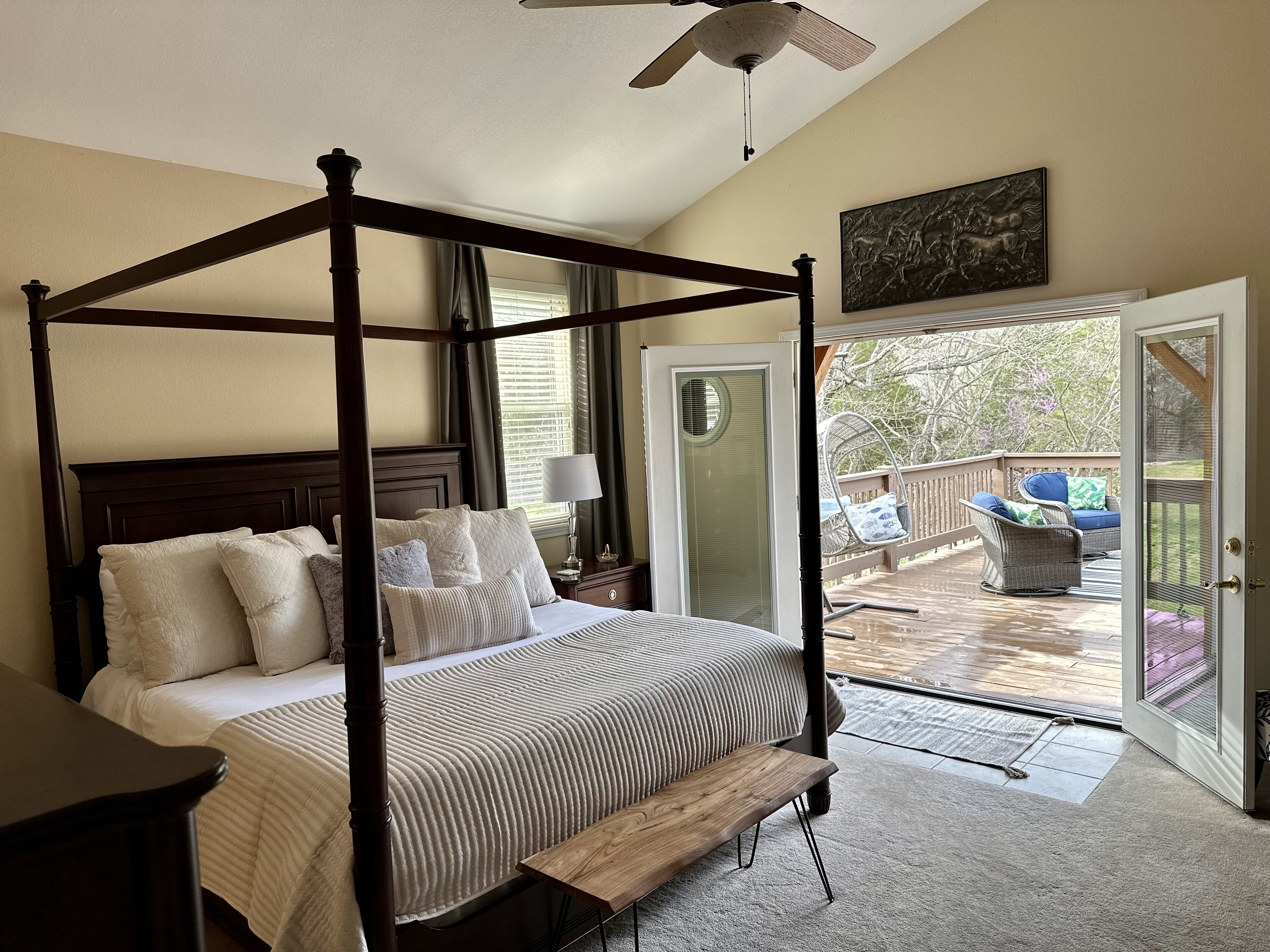 Nestled by the 7th green, large deck areas. Movie theatre for inside or out. 