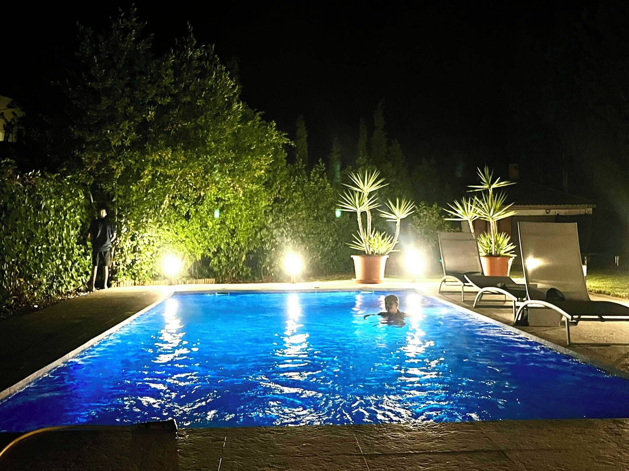 A swimming pool at night with surrounding trees and lounge chairs.