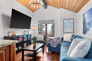 Smart TV, fireplace, video games, DVD player