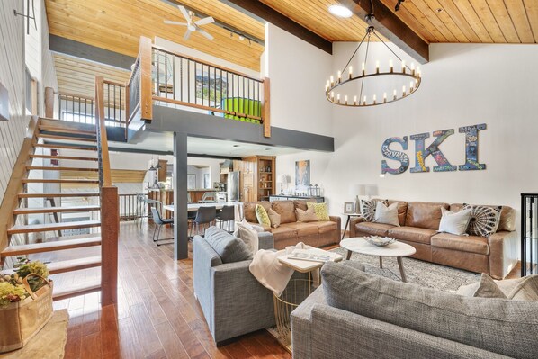 Smart TV, fireplace, video games, DVD player