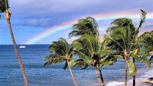 A beach with palm trees, a rainbow, and a boat in the distance. - AMAZING HOTEL ZONED BEACH FRONT CONDO ON SUGAR BEACH.  RESERVE WITH CONFIDENCE! (Kihei)