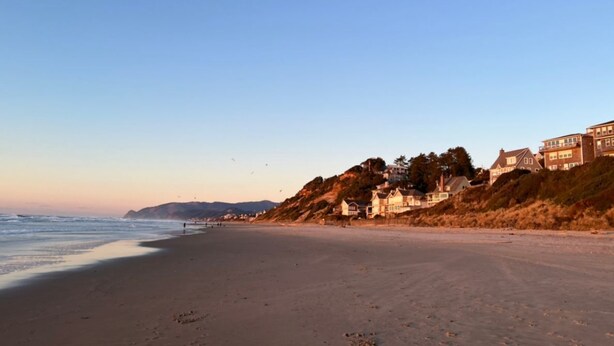 A beach with houses on a hillside.