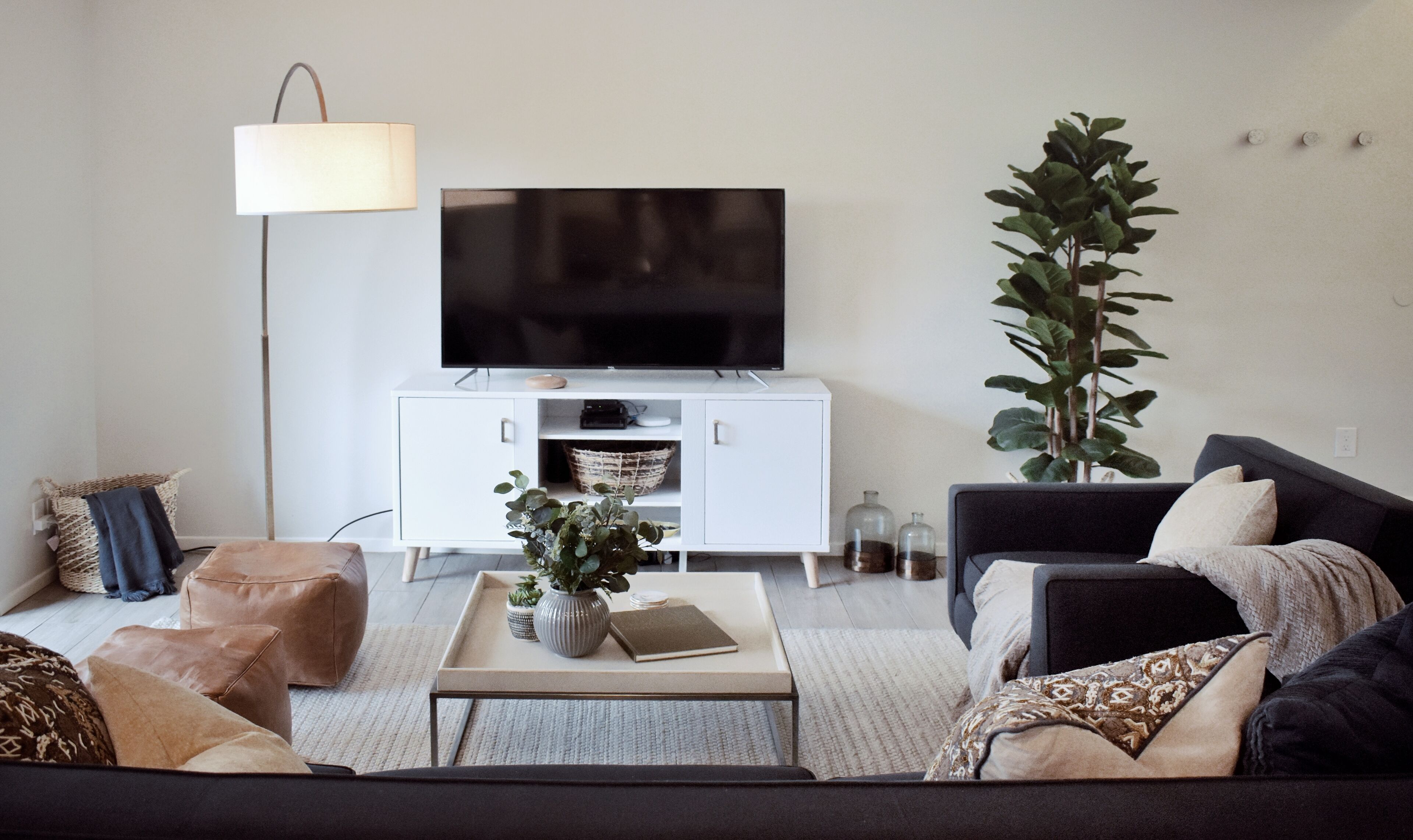 Un saló modern amb una televisió de pantalla plana sobre un moble blanc, una taula de centre amb llibres i plantes, un sofà gris amb coixins estampats i una planta verda alta.