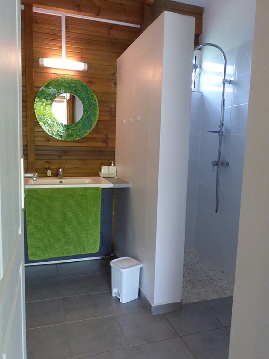Shower, hair dryer, towels, toilet paper