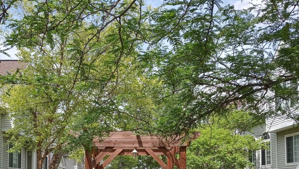 A wooden pergola structure with a pathway leading through it, surrounded by well-maintained lawns and trees.