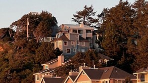 Een woonwijk op een helling met meerdere huizen, waarvan sommige balkons hebben, en een dicht bos op de achtergrond.