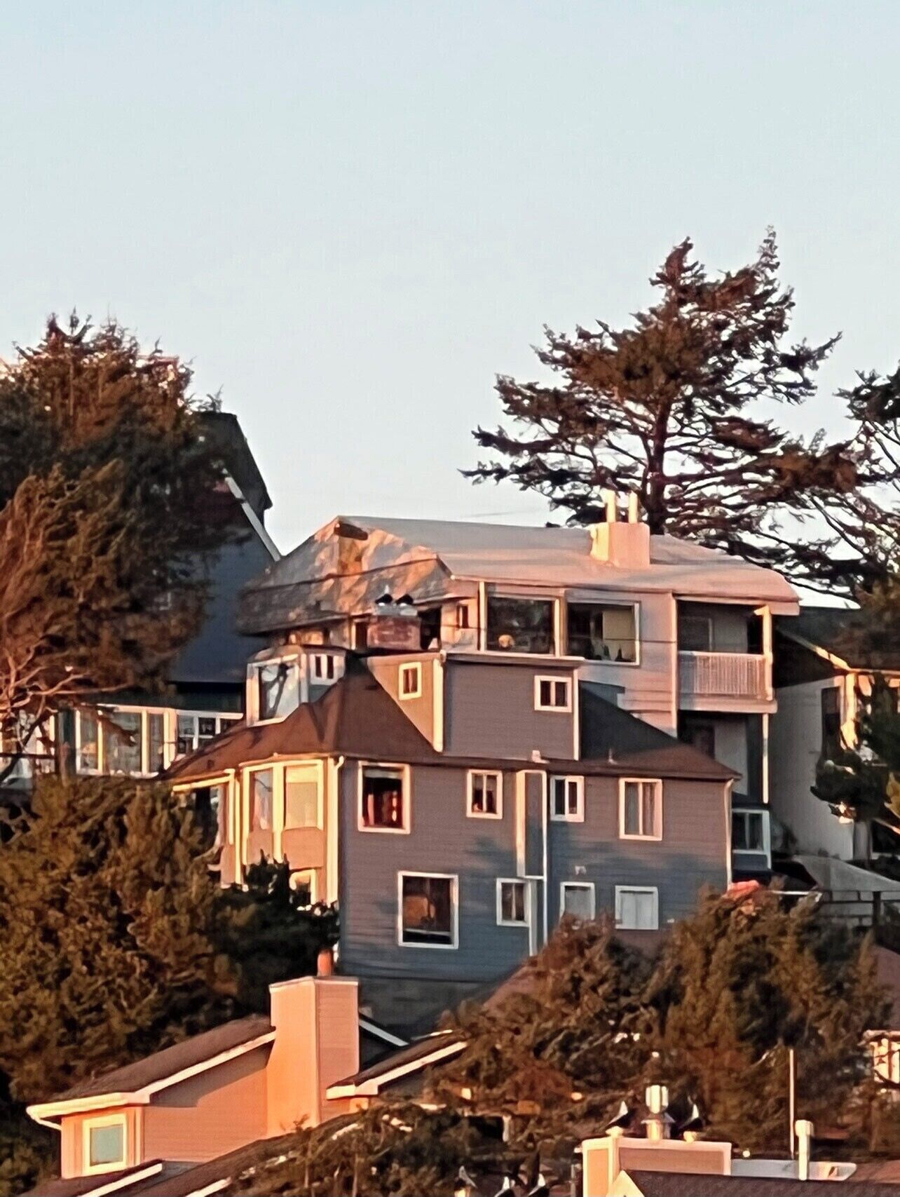 Uma casa de vários andares com telhado inclinado, cercada por árvores.