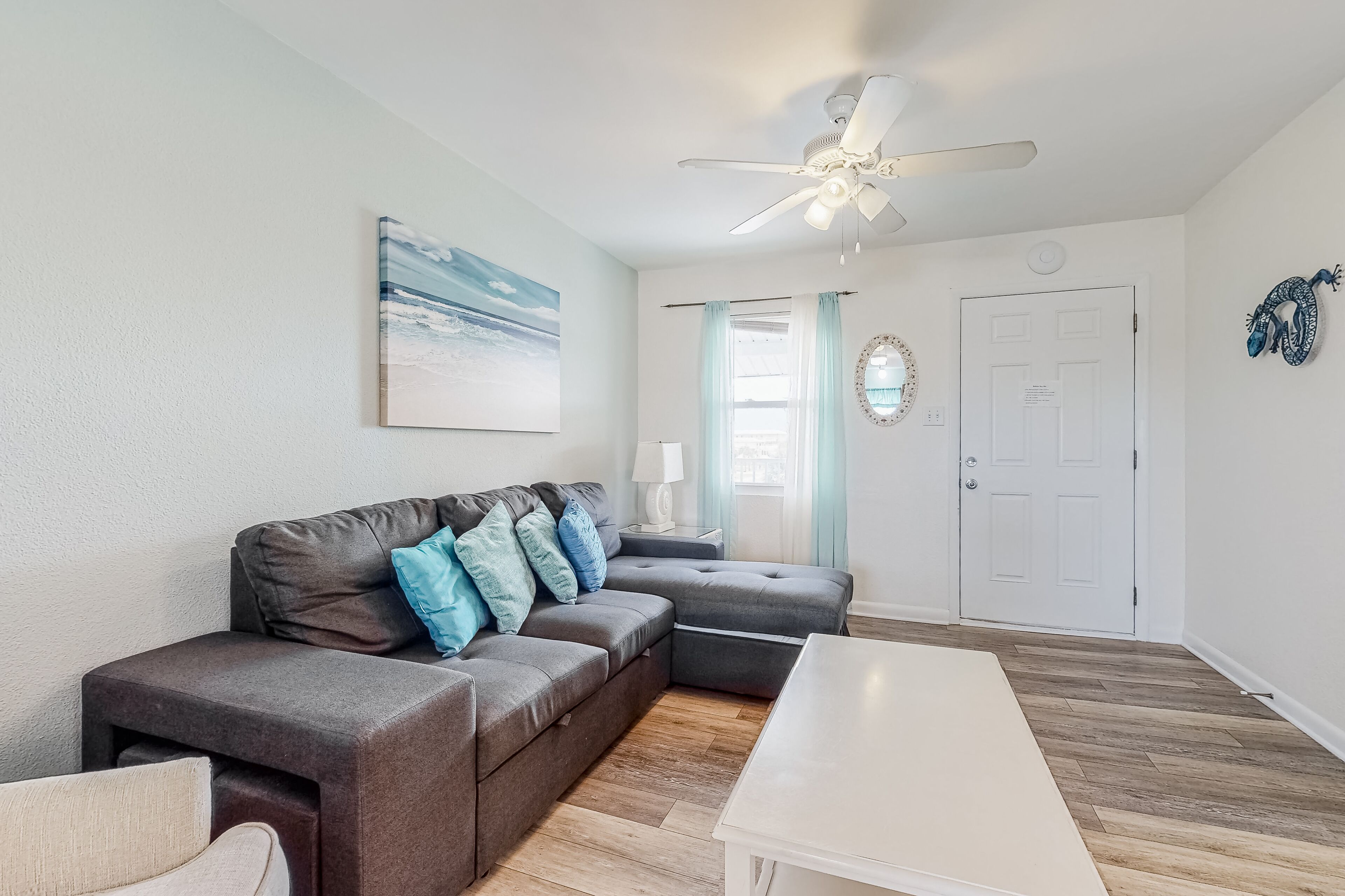 Gulf-front getaway just steps from the sand with free WiFi, AC, deck, & pool