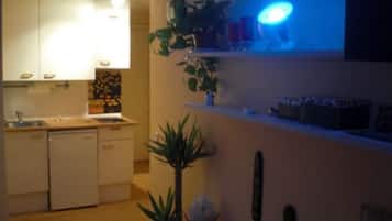 Frigorífico, microondas, cafetera o tetera y molinillo de café