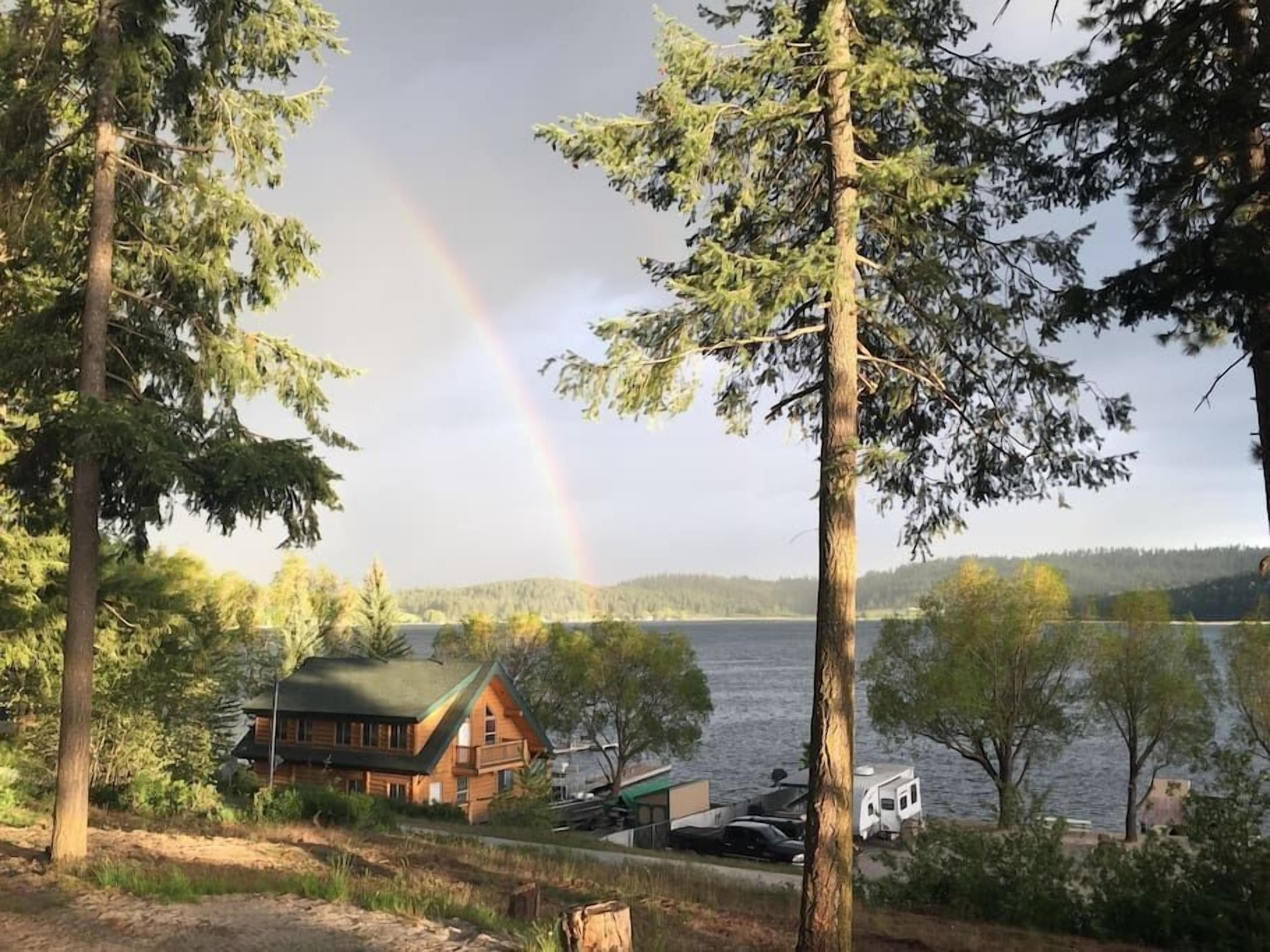 Une cabane dotée d’un toit végétalisé, entourée d’arbres et bordée par un plan d’eau.