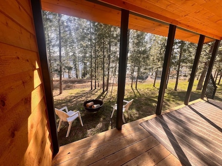 Terrace/patio. Rustic 1 bd, 1 ba Cabin at Waitts Lake Resort!
