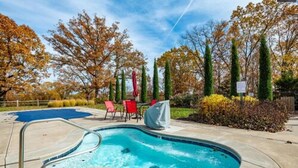 A swimming pool with a hot tub, surrounded by red chairs and a covered table, set in a landscaped area with trees and a clear sky. - Coyote Cabin (Branson)