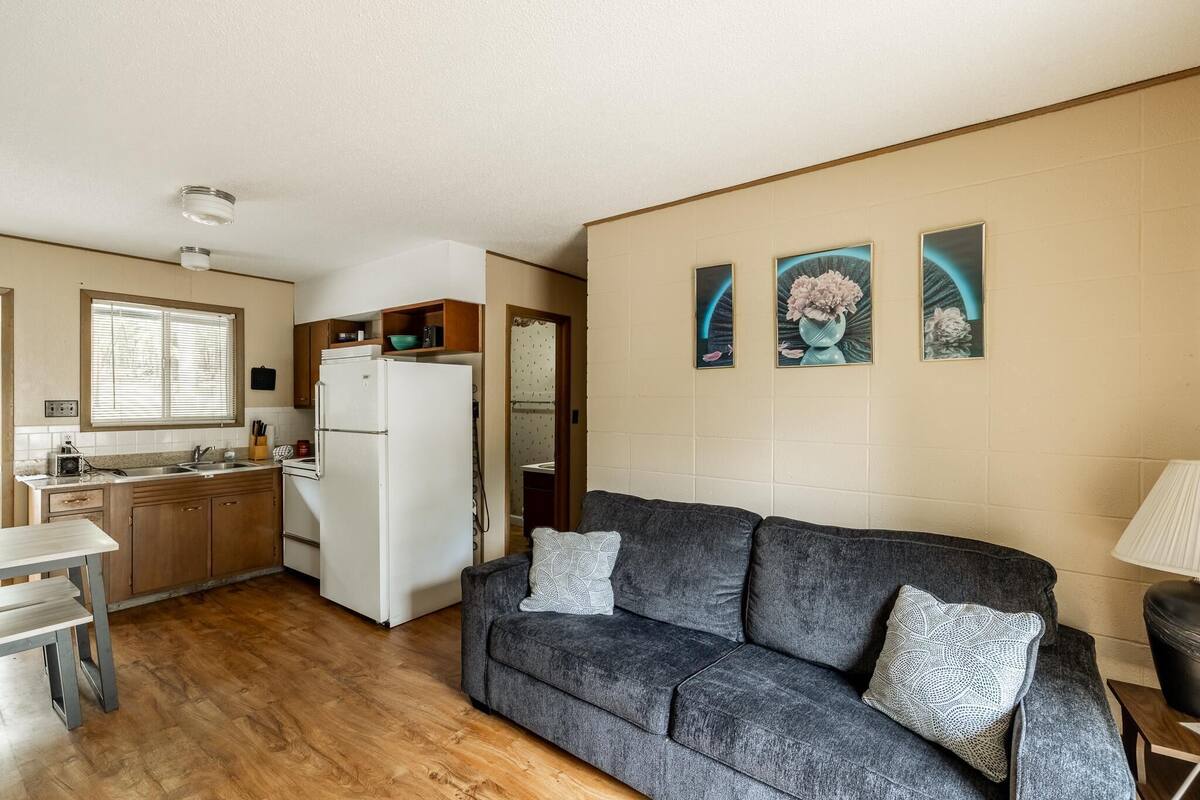 A compact living space with a kitchenette, a sofa with patterned cushions, and wall-mounted artwork.