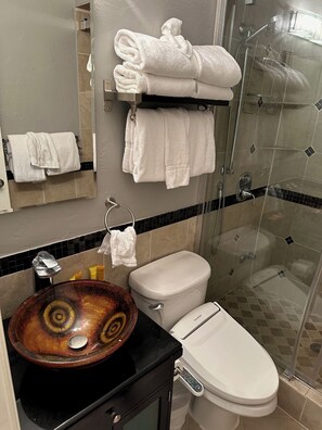 Combined shower/bathtub, hair dryer, bidet, towels