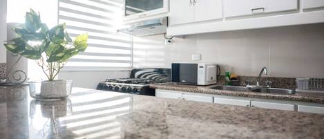 Frigorífico, microondas, horno y placa de cocina
