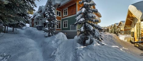 A snow-covered lodge with a wooden exterior and multiple windows, surrounded by snow-laden trees.