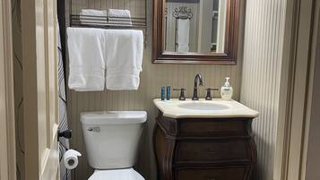 Hair dryer, towels, soap, toilet paper