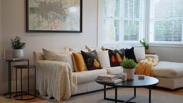 TV, fireplace, books, stereo