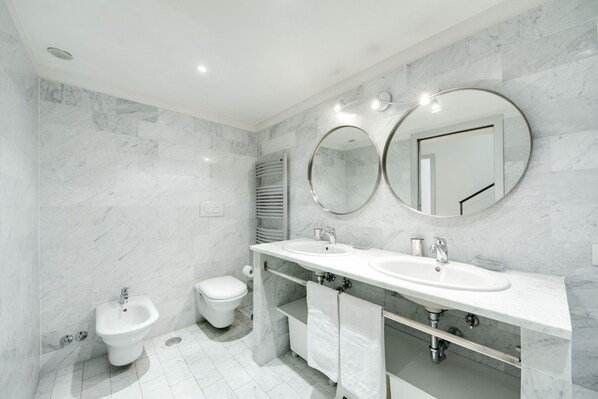 Shower, hair dryer, bidet, towels