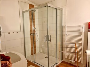 Chuveiro, secador de cabelo, toalhas de banho, sabonete