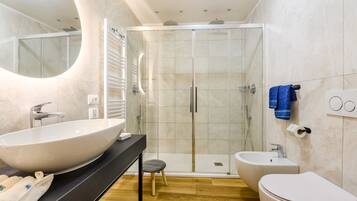 Shower, hair dryer, bidet, towels