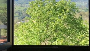 Una finestra amb vista a una serralada de muntanyes i un arbre al primer pla.