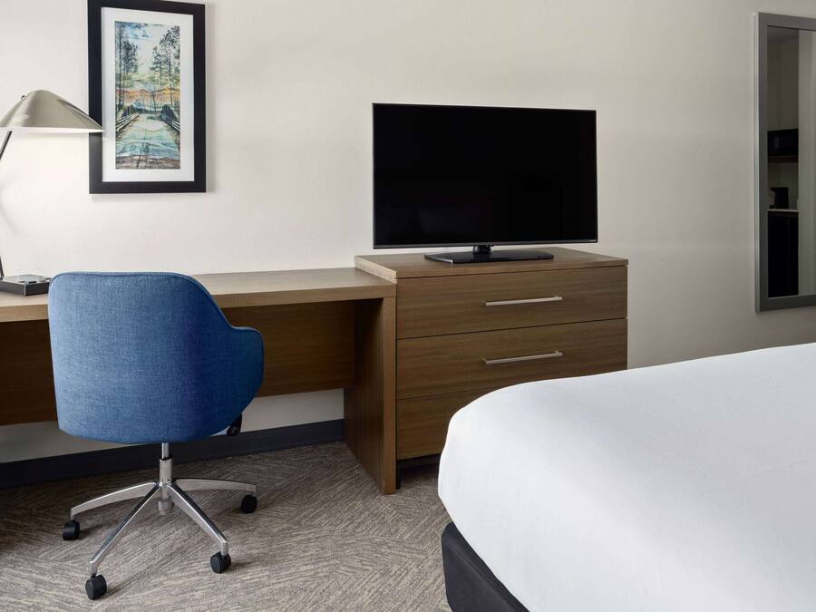 Habitación de hotel con escritorio, silla, televisión, cama y un cuadro en la pared.