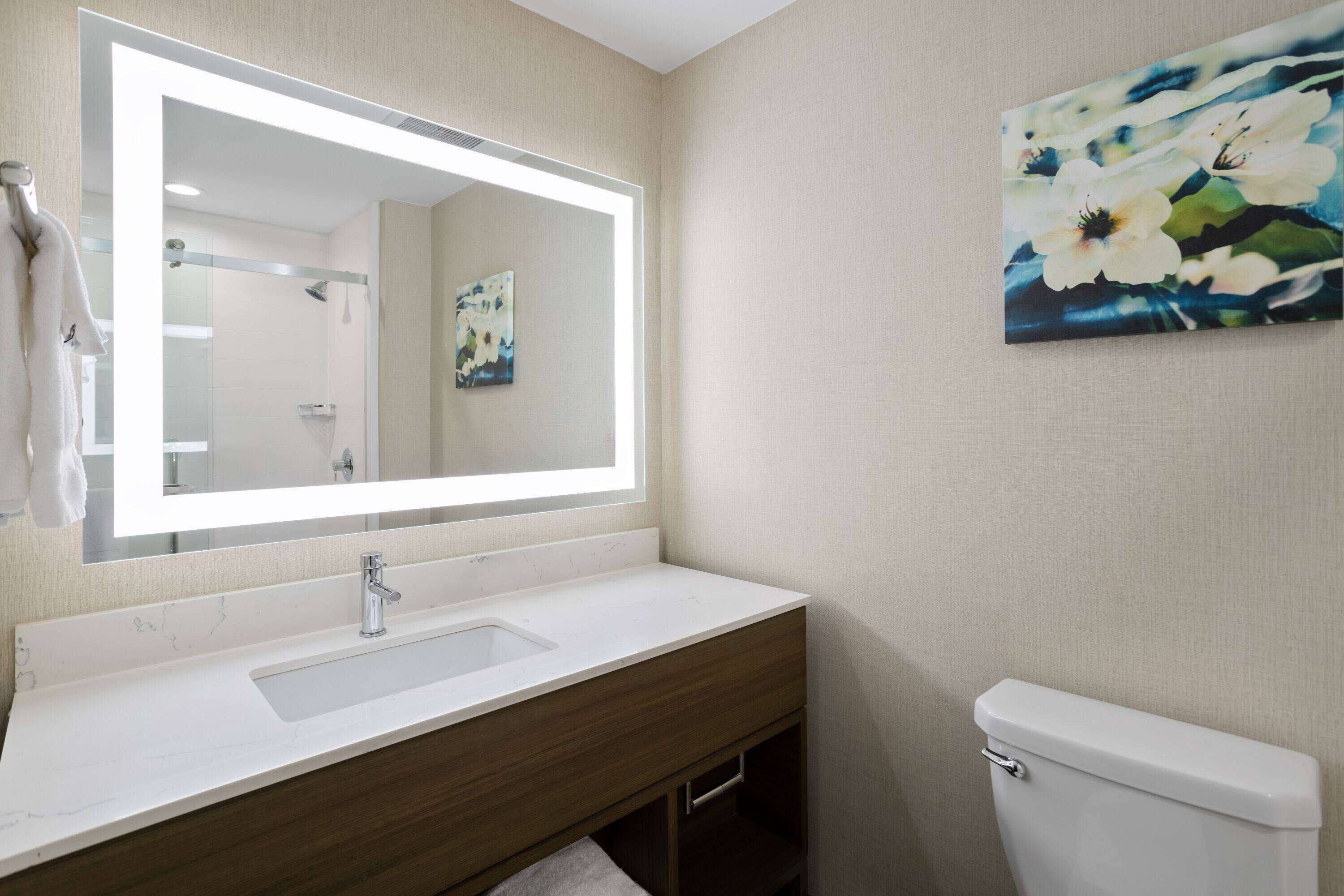 A bathroom with a large mirror, a sink, a toilet, and a wall-mounted painting.