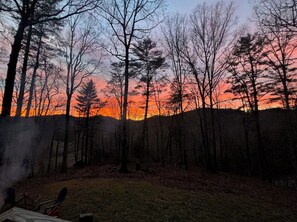 Une zone boisée, avec un coucher de soleil en arrière-plan.