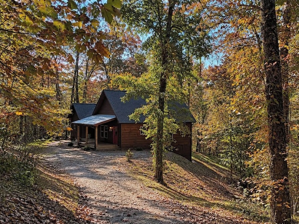 A cabin with a porch and a covered walkway, surrounded by trees with autumn foliage.