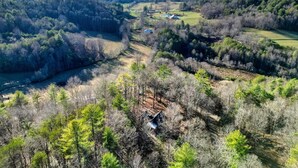 Un paysage rural avec une petite cabane entourée d’une forêt dense et de collines ondulantes.