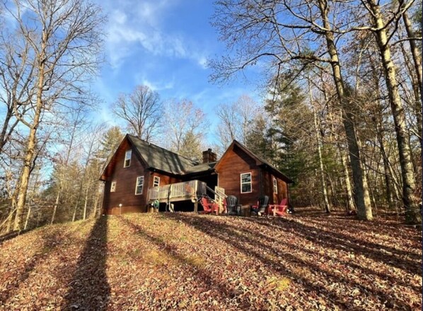 A wooden cabin with a porch and outdoor seating area surrounded by trees.