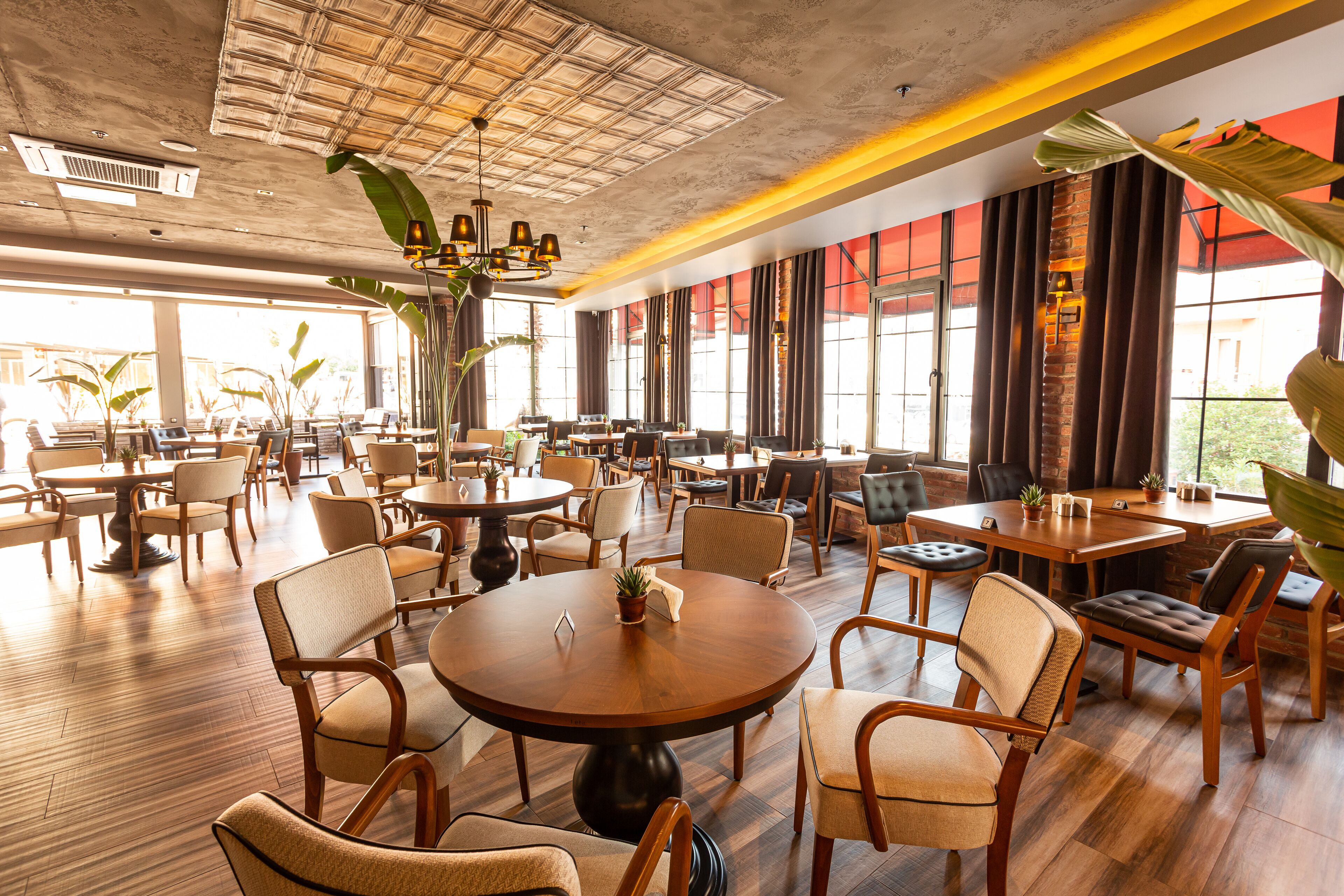 En rummelig restaurant med runde borde og stole, store vinduer samt indendørs planter.