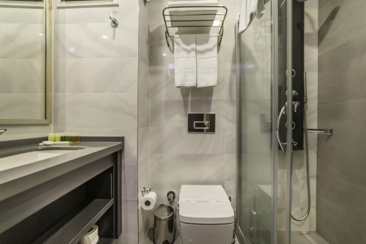 A modern bathroom with a glass shower enclosure, a toilet, a sink with a mirror, and a towel rack.