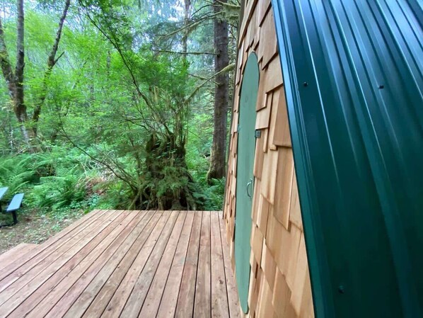 A wooden deck leading to a green-roofed cabin surrounded by dense forest.