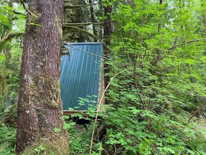 A small, blue, corrugated metal structure in a forested area, surrounded by dense green foliage. - A-Frame #16 Shelter near Olympic National Park (Forks)