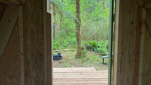 Un rivestimento in legno conduce verso una zona boschiva con una panchina e un tavolino.