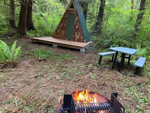 A forested area with a small wooden structure, a fire pit, and a picnic table.