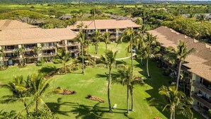 A resort with multiple buildings, a well-maintained lawn, and palm trees. - Lae Nani 434 1 Bedroom Condo by RedAwning (Kapaa)